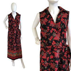 Vintage Dress Medium 1990s Bright Floral Print Black Red Sleeveless Wrap Long